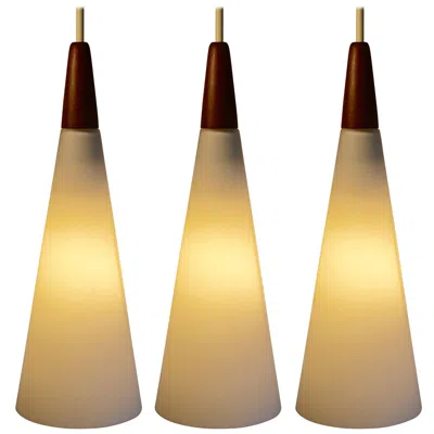 Pre-owned Holmegaard Set Of 3 Vintage Mid Century Opaline Glass & Teak Cone Pendant Lights, Finland In White