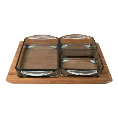 Pre-owned Holmegaard Set Of 4 Mid-century Danish Teak With Cabaret Glass Trays From , 1960s In Brown