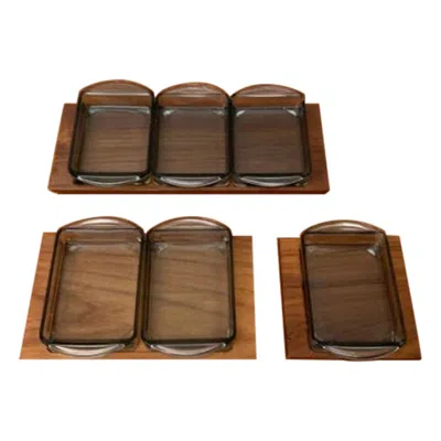 Pre-owned Holmegaard Set Of 9 Mid-century Danish Tray Teak With Cabaret Glass From , 1960s In Brown