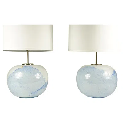 Pre-owned Holmegaard White And Blue Pair "jasmin" Lamps  Denmark Design Mutsuo Inoue 1984