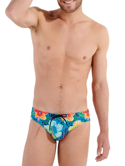 Hom Men's Dino Floral Swim Briefs In Turquoise Print