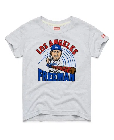 Homage Kids' Big Boys And Girls Freddie Freeman Ash Los Angeles Dodgers Caricature Tri-blend T-shirt In Gray