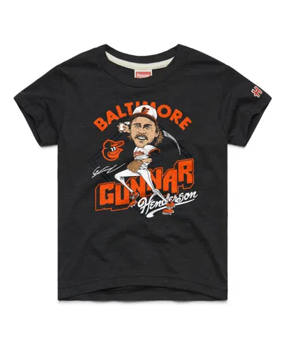 Homage Kids' Big Boys And Girls  Gunnar Henderson Charcoal Baltimore Orioles Caricature Tri-blend T-shirt In Black