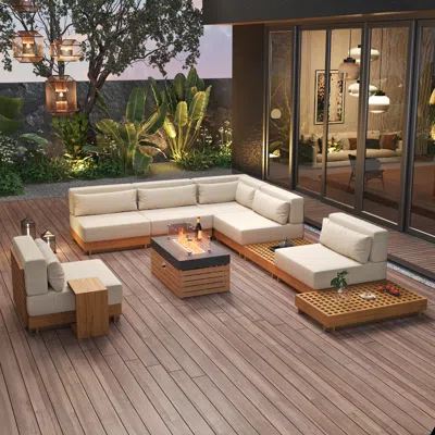Homary 10 Pcs Premium Teak Modular L-shaped Outdoor Sofa Set With Fire Pit & Teak Coffee Table Large Outdoo In White