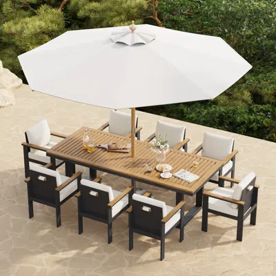 Homary 10 Pieces Rectangle Wood & Aluminum Outdoor Patio Dining Set With Central Pillar Umbrell In Brown