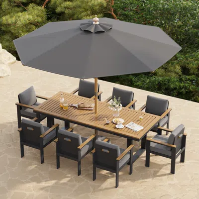 Homary 10 Pieces Rectangle Wood & Aluminum Outdoor Patio Dining Set With Central Pillar Umbrell In Black