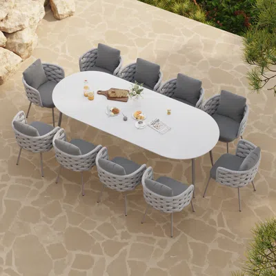 Homary 11 Pieces 94.5'' Outdoor Sintered Stone Top Dining Table Set With Rope Woven Armchairs In Gray