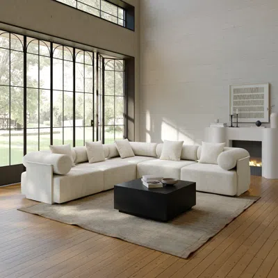 Homary 110" 5-piece Modular White Performance Chenille Velvet L-shape Sectional Sofa