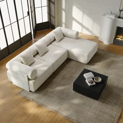 Homary 110"3-piece Modular White Performance Chenille Velvet L-shape Sectional Chaise Sofa