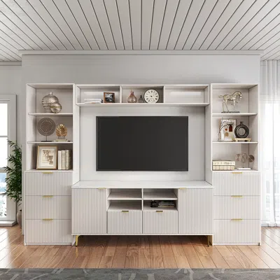 Homary 114.2" Fluted Wood Storage 4-piece Entertainment Center With Bookshelf White Tv Stand