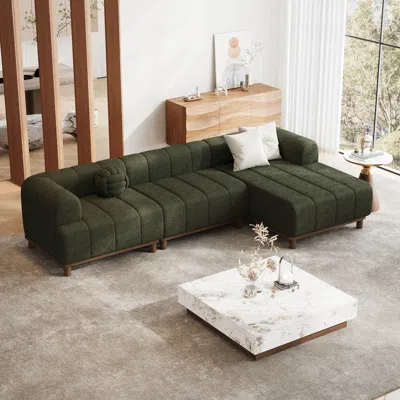Homary 118" Boucle L-shaped Sectional Sofa 3 Pieces White Sectional Couch Wiith Wood Legs In Green