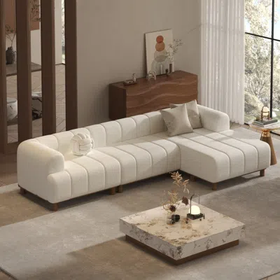 Homary 118" Boucle L-shaped Sectional Sofa 3 Pieces White Sectional Couch Wiith Wood Legs