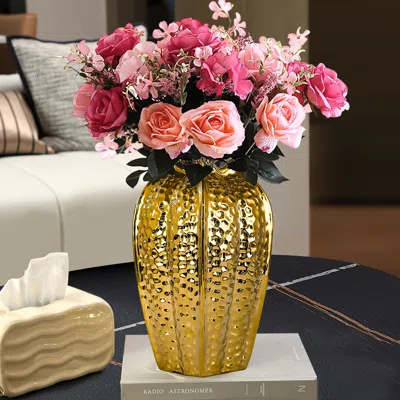 Homary 11.8" Large Glam Gold Abstract Ceramic Flower Vase Living Room Bedroom Table