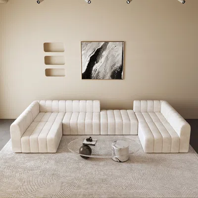 Homary 118.9'' Modern Off White Velvet Modular Pit Sectional Sofa Set Convertible 6-seater Upholstered In Neutral