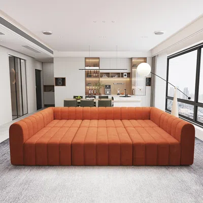 Homary 118.9" Velvet Convertible Modular Sectional Sofa Orange Upholstered 6-seater Sofa Set