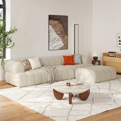 Homary 123" Channeled 4-piece Chenille Sectional L-shaped Sofa With Ottoman In White