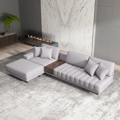 Homary 126" L-shaped Grey Cotton Linen Modular Sectional Sofa With Ottoman For Living Room In Gray