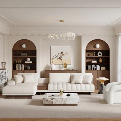 Homary 126" L-shaped White Modular Sectional Sofa & Square Sintered Stone Block Coffee Table