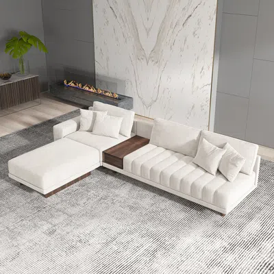 Homary 126" L-shaped White Modular Sectional Sofa Channel Tufted Chaise With Ottoman & Storage