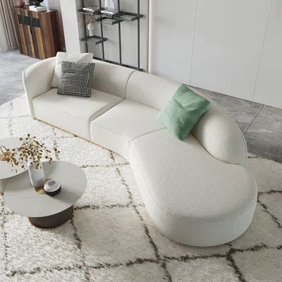 Homary 134" Curved White Sectional Sofa Upholstered 5-seater Floor Sofa Faux-fur Polyester