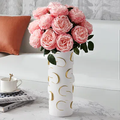 Homary 13.4" White & Gold Resin Cylinder Flower Vase Modern Decor Art Living Room Bedroom