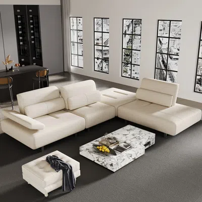 Homary 134.6" White Leather Lounge Deep Seat Sectional Sofa With Adjustable Armrest & Backrest In Neutral