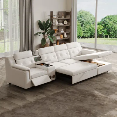 Homary 134.6" White Power Reclining Sectional Sofa Pull Out Bed Cup Holder & Speaker & Storage
