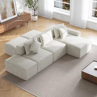 Homary 138" Cotton & Linen Modular Chaise Sectional Sofa 6 Pieces Oatmeal Sectional Couch With Ottoman (4 S In White