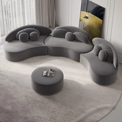 Homary 145.7" Velvet Curved Modular Sectional Sofa With Ottoman Deep Gray Upholstered 7-seater Sofa Set