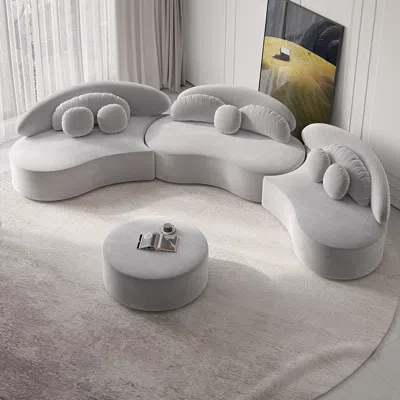 Homary 145.7" Velvet Curved Modular Sectional Sofa With Ottoman Light Gray Upholstered 7-seater Sofa Set