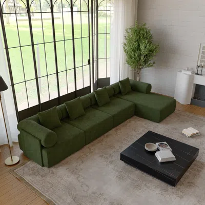 Homary 146" 4-piece Modular Performance Chenille Velvet L-shape Sectional Chaise Sofa In Green