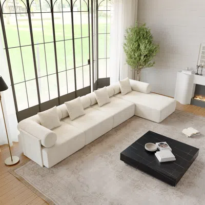 Homary 146" 4-piece Modular White Performance Chenille Velvet L-shape Sectional Chaise Sofa