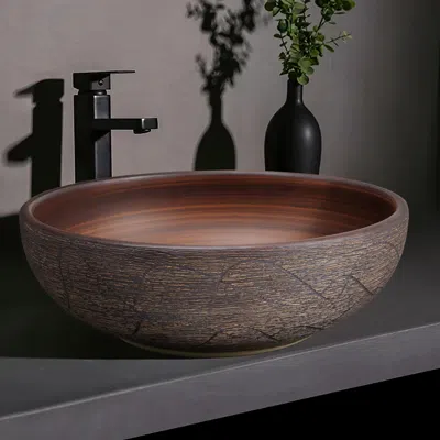 Homary 15.7" Ceramic Round Bathroom Vessel Sink Retro Washbasin In Brown