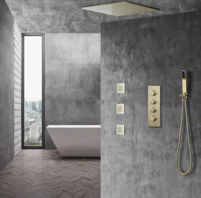 Homary 16" Thermostatic Rain Shower System With Hand Shower & 3 Body Jet Sprays In Brushed Gold In Gray