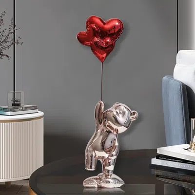 Homary 17.3" Cute Pink Standing Bear Statue Sculpture Ornament Decor With Red Heart Balloons In Silver