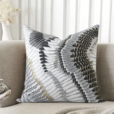Homary 18'' X 18'' Modern Black Abstract Gold Feather Throw Pillow Cover Silk Cushion Protector In Gray