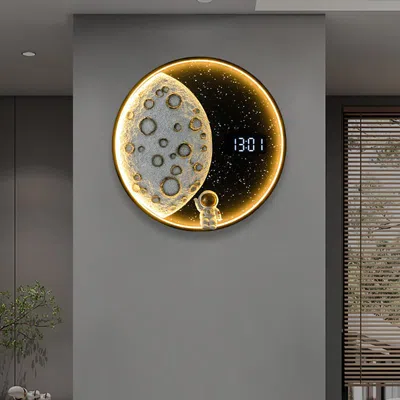 Homary 19.7" Led Digital Round Moon Astronaut Wall Clock Spaceman Decor Art Usb Charging In Black