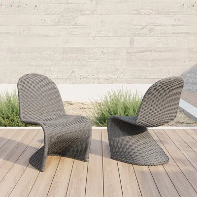 Homary 2 Pcs Woven Rattan Outdoor Dining Chair Set Yard & Patio Furniture In Dark Gray With Cushion & Pillo