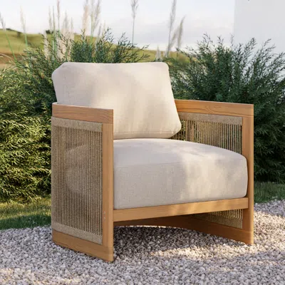 Homary 2 Pcs Woven Rope  & Teak Outdoor Dining Chair Boho Yard & Patio Furniture In Natural Cushion & Pillo In White