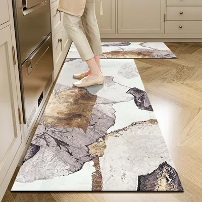 Homary 2 Piece Abstract Gold Non-slip Abstract Kitchen Runner Mat Set Modern Kitchen Rug In Multi