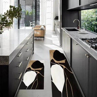 Homary 2 Piece Abstract Non-slip Diatom Mud Kitchen Runner Rug Set Gold & Black Kitchen Mat