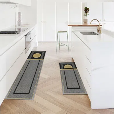Homary 2 Piece Dark Gray Geometric Kitchen Rug Set Non-slip Washable Pvc Kitchen Runner Mats