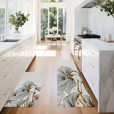 Homary 2 Piece Gold Geometric Kitchen Rug Set Non-slip & Absorbent Kitchen Running Mats In White