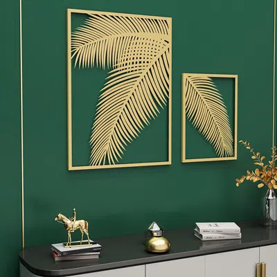 Homary 2 Pieces Metal Wall Decor Rectangular Palm Leaf Home Art Set In Gold For Living Room In Green