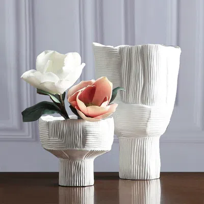 Homary 2 Pieces Minimalist White Striped Flower Vases Set Resin Vase Decor Living Room Bedroom