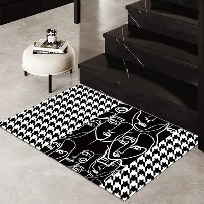 Homary 2 Pieces Modern Abstract Houndstooth Black Washable Door Mat Non-slip Entryway Rug Set