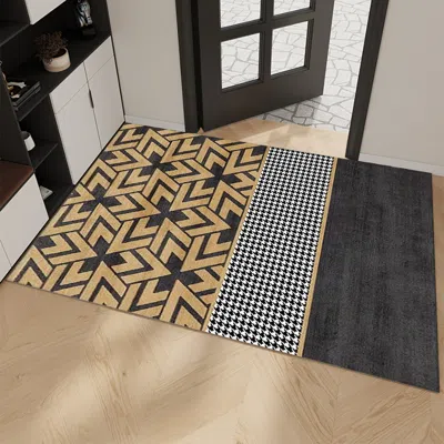 Homary 2 Pieces Modern Geometric Houndstooth Gold Washable Door Mat Non-slip Entryway Rug Set In Black