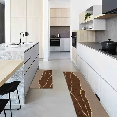 Homary 2 Pieces Modern Gold & Brown  Kitchen Runner Mats Non-slip Absorbent Kitchen Rug Set In White