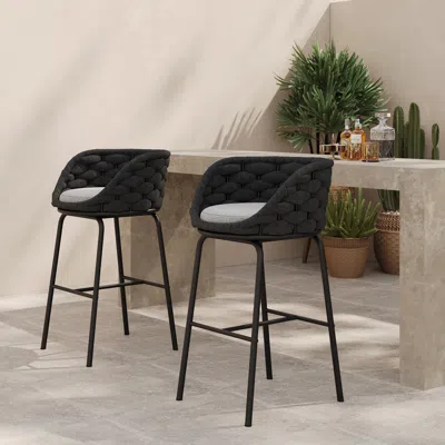 Homary 2 Pieces Outdoor Chair Patio Woven Rope & Aluminum 38" Bar Stools Set With Backs In Black