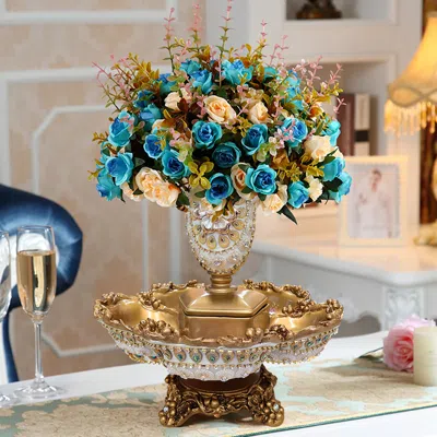 Homary 2 Tiered Gold & White Fruit Basket Glam Plate With Removable Vase Resin Snack Tray Decor In Blue